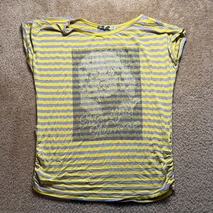 Yellow and Gray Striped Graphic T-Shirt